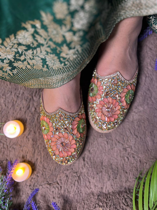 Kundan Peach Green Mules TT154