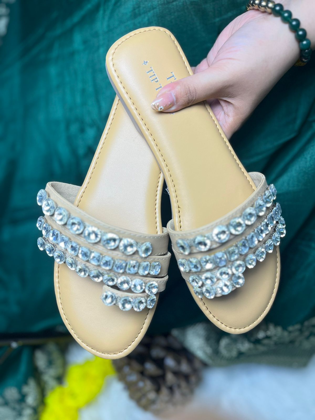 Beige Flat With Diamond Work TT168