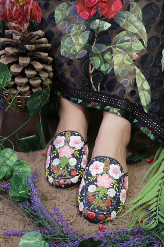 Denim Floral Flat Mules TT133