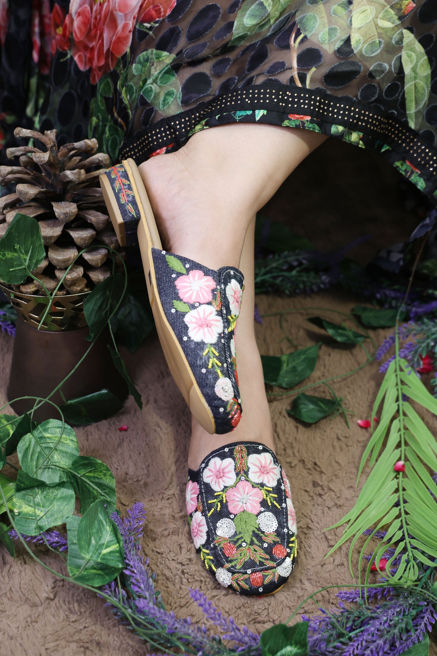 Denim Floral Flat Mules TT133