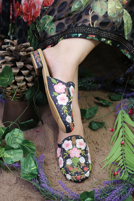 Denim Floral Flat Mules TT133