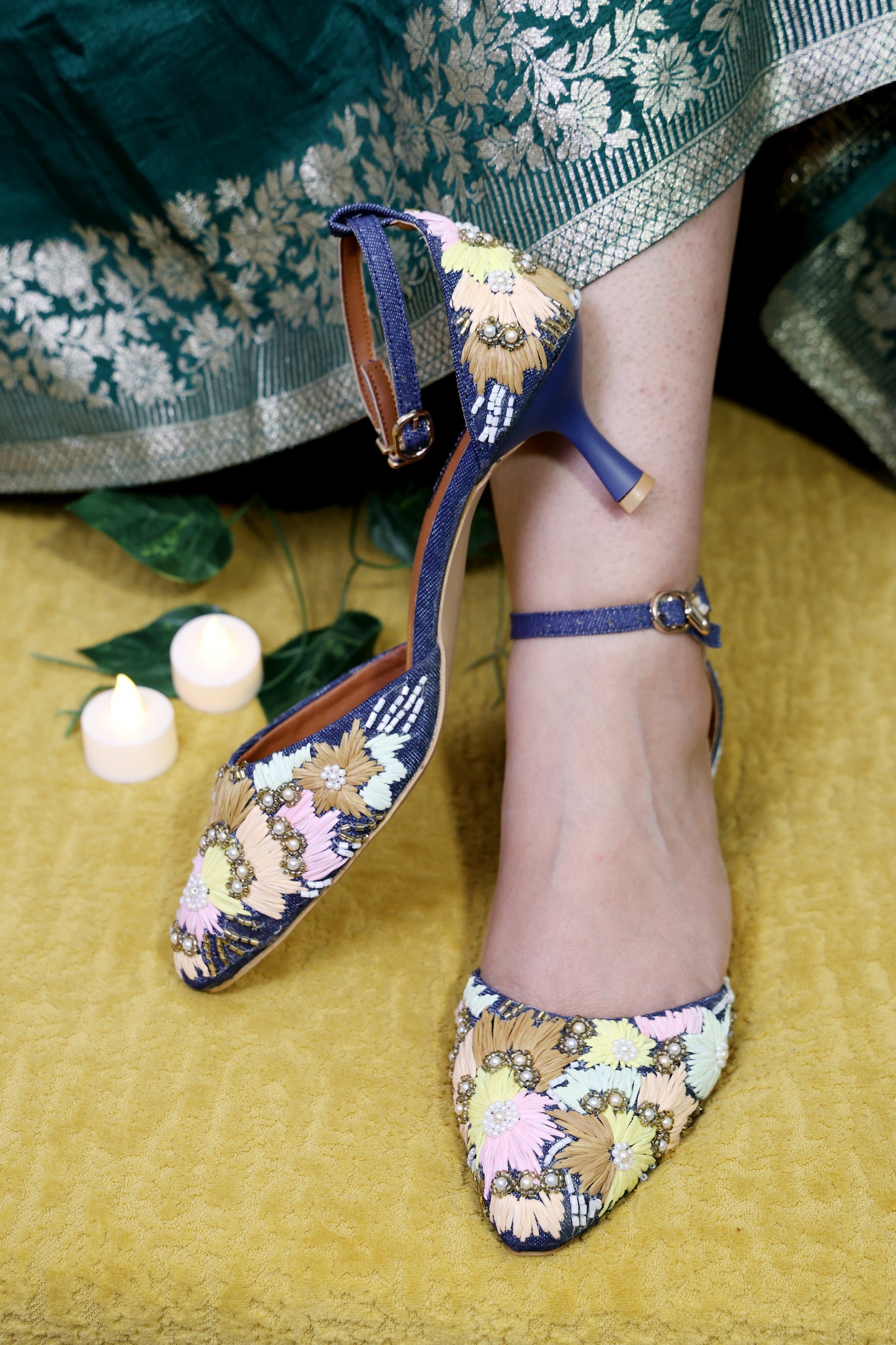 Denim Phoolkari Heels TT142