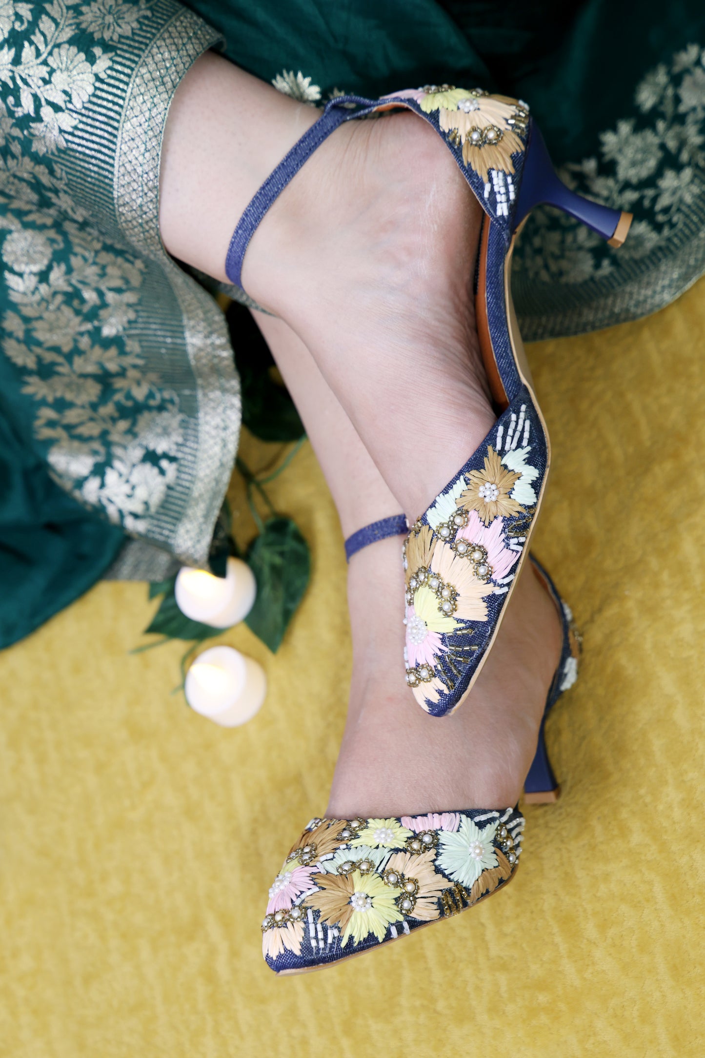 Denim Phoolkari Heels TT142