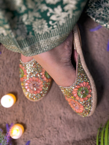 Kundan Peach Green Mules TT154