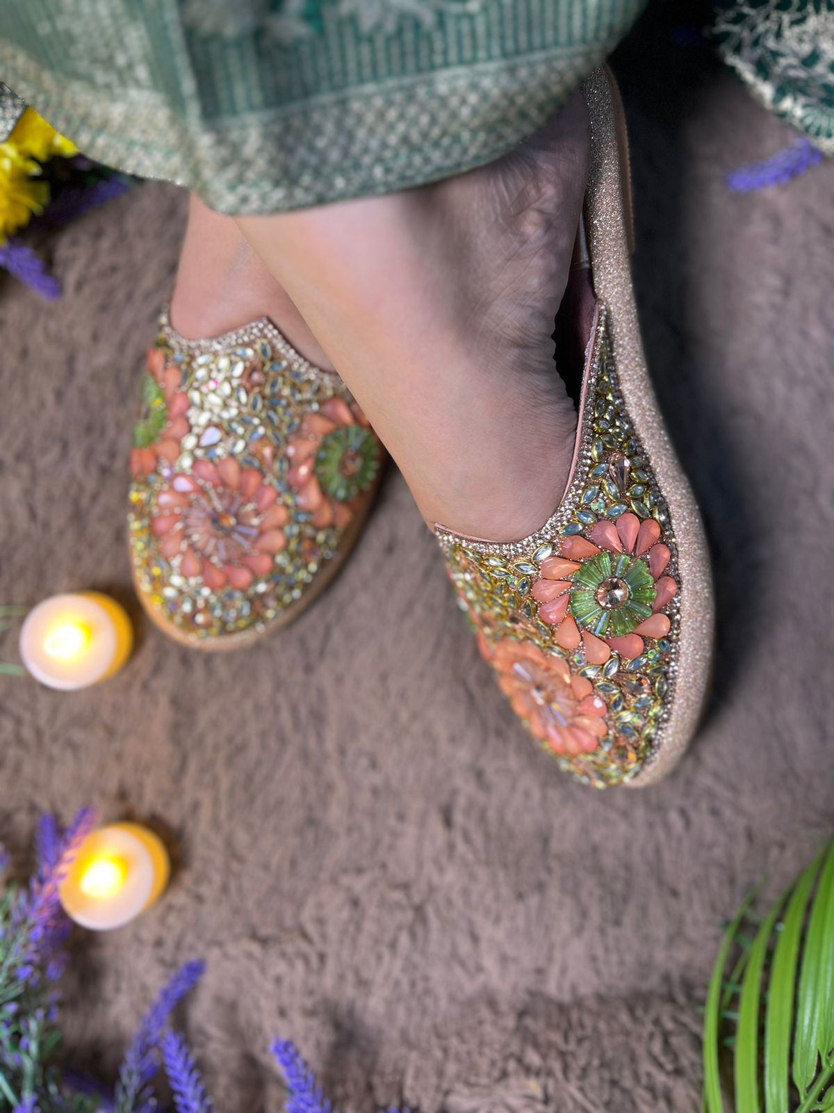 Kundan Peach Green Mules TT154