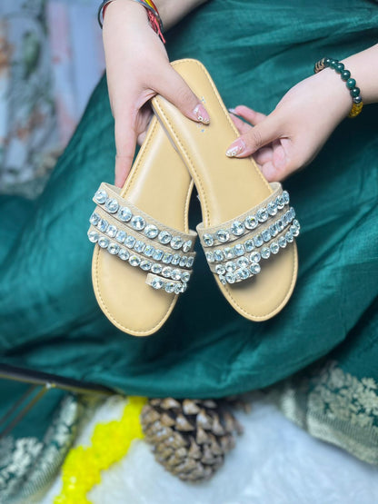 Beige Flat With Diamond Work TT168