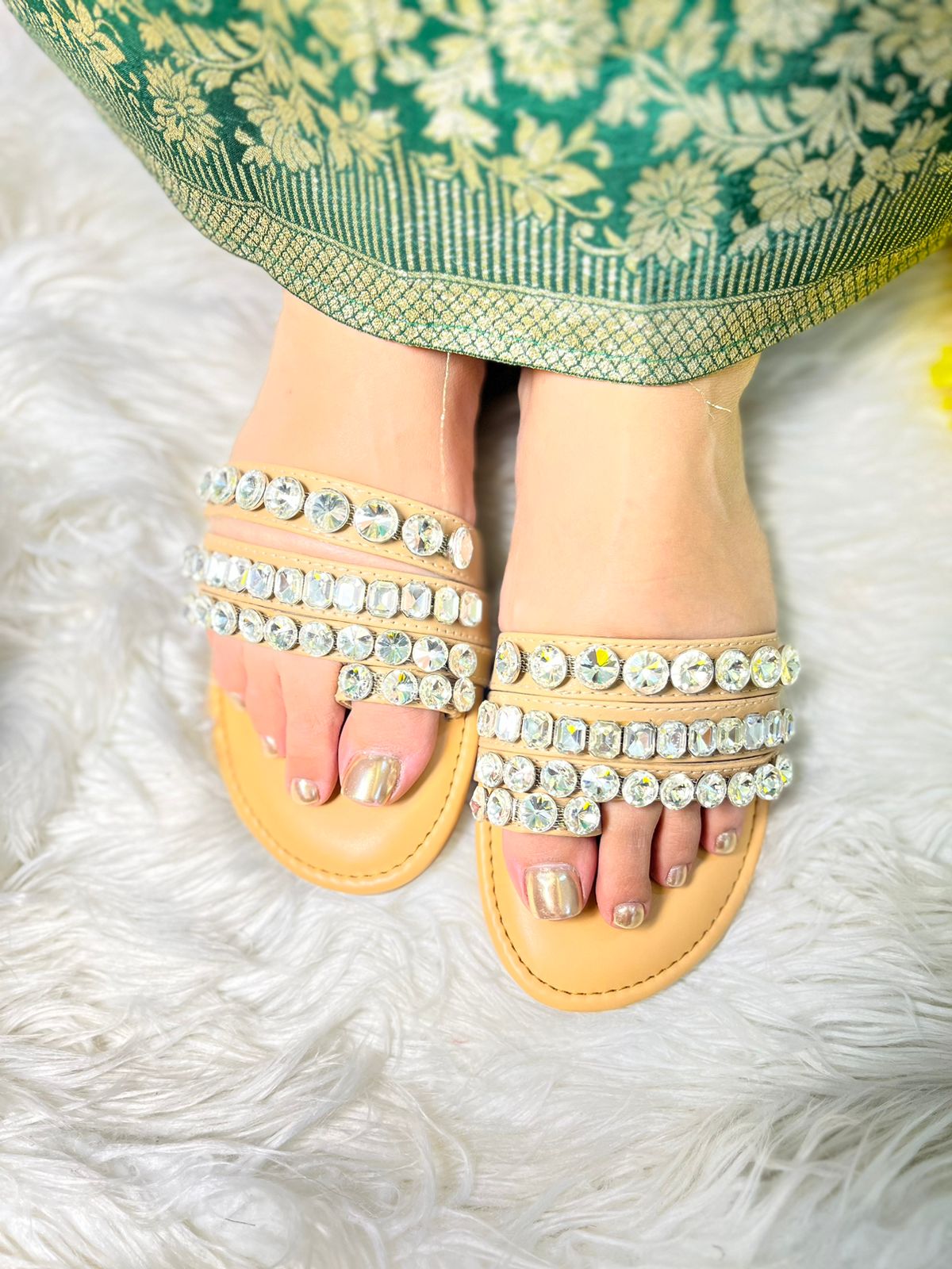 Beige Flat With Diamond Work TT168